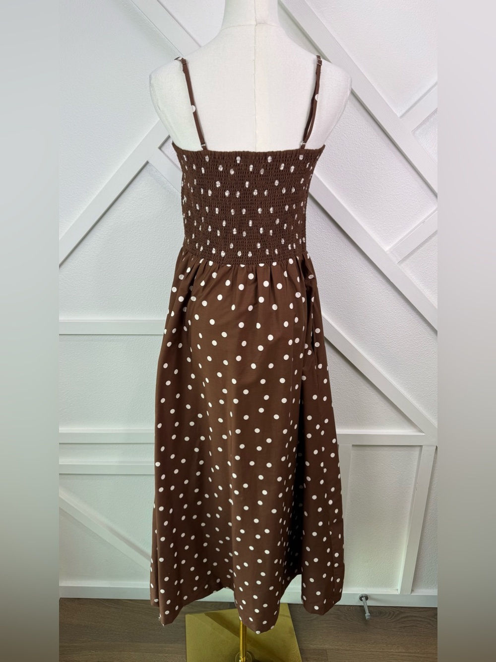 NWT Abercrombie & Fitch Smocked Dipped Waist Midi Dress Brown Polka Dot L Tall - Picture 6 of 12